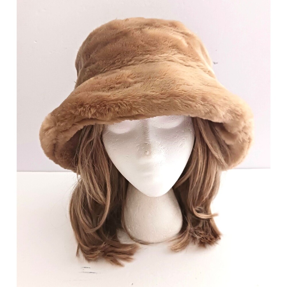 VTG Faux Fur Bucket Hat Caramel Brown Lined Made in Hong Kong O/S